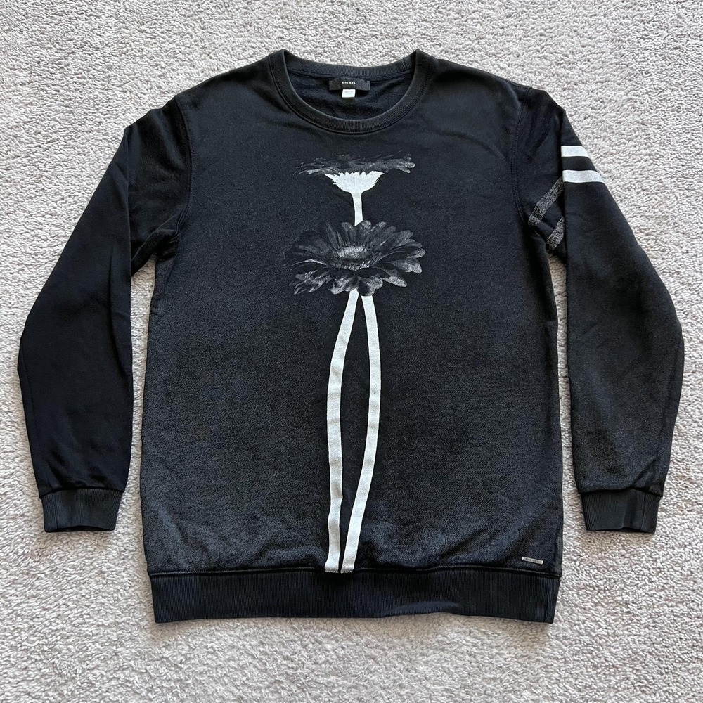 Diesel Sweatshirt Womens Small Black Flower Graphic Knit Crewneck Pullover Top